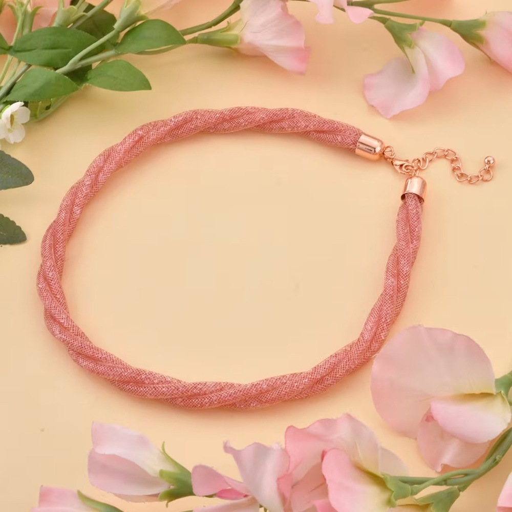 Pink Australian Crystal Twisted Double Row Mesh Necklace in Rosetone
